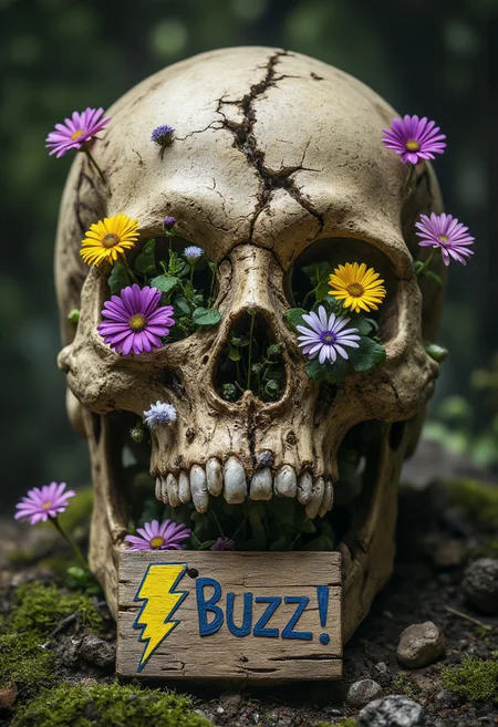 A hyperrealistic depiction of a human skull, cracked and aged, with vibrant, multicolored wildflowers growing out of the eye sockets and nasal cavity. The skull rests on a bed of soft, moss-covered earth. Clutched between the skull's teeth is a small, weathered wooden sign that reads "Buzz!" with the yellow and blue thunderbolt symbol prominently painted on it. The contrast between the decaying skull and the lively flowers creates an unsettling yet beautiful juxtaposition. The scene is lit with a soft, diffused light, casting gentle shadows and enhancing the textures of bone, wood, and petals. Ultra-high definition, close-up detail, and a poignant sense of life emerging from death.