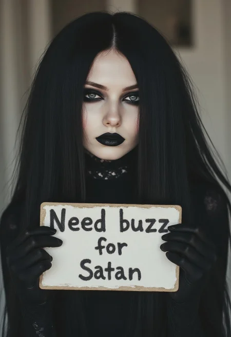 FictionalCrystal, a goth girl with heavy black eye makeup and black lipstick.holding a sign saying "Need buzz for Satan"