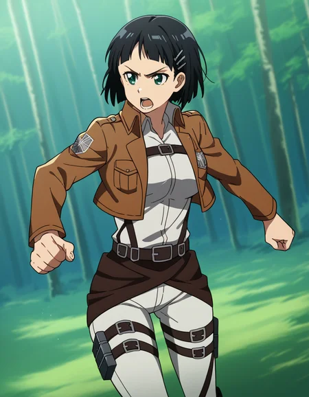 score_9, score_8_up, score_7_up, source_anime, suguhakirigaya, <lora:suguha-kirigaya-s1-ponyxl-lora-nochekaiser:1>, suguha kirigaya, short hair, black hair, hair ornament, hairclip, green eyes, large breasts,, <lora:paradis-military-uniform-ponyxl-lora-nochekaiser:1>, paradis military uniform, belt, cloack, cropped jacket, emblem, green cloak, jacket, long sleeves, pants, shirt, thigh strap, uniform, white pants, white shirt, brown jacket,, outdoors, forest, nature, fighting stance, open mouth, floating, flying,, cowboy shot, dutch angle, solo,