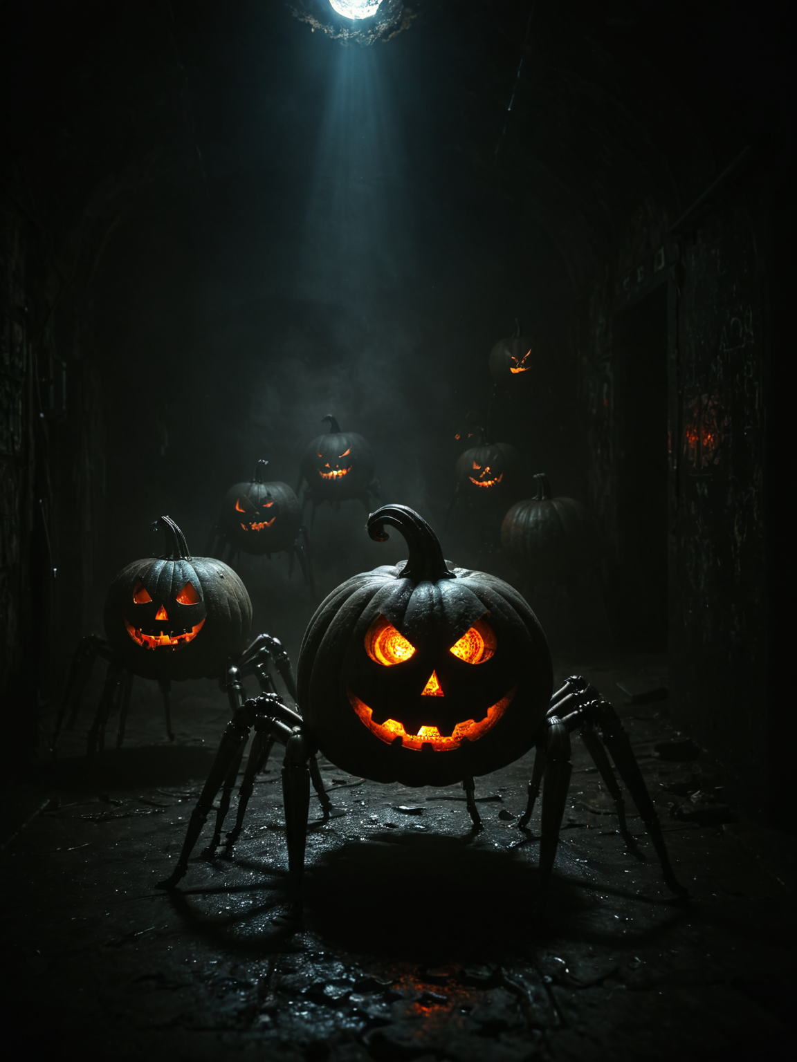 (wide angle photography:1.2), (whole body:1.5), shot, (full body photo:1.1), realistic analog photo,dark, darkness,
steampunk, multiple small metal pumpkins with glowing eyes, mounted on (metal arachnoid legs:1.2), steam punk style, crawling around in a dark cave
epic realistic, faded, ((neutral colors)), art, (hdr:1.5), (muted colors:1.2), hyperdetailed, (artstation:1.5), cinematic, warm lights, dramatic light, (intricate details:1.1), complex background, (rutkowski:0.8), by Blizzard entertainment
, (mysterious atmosphere:1.1), (low luminosity:1.2), in the dark, obscurity, (mist:1.3),
, realistic, depth of field, highres, 4k, 8k, intricate detail, amazing quality, wallpaper, <lora:RMSDXL_Enhance:1>,  <lora:dark:0.4> <lora:RMSDXL_Darkness_Cinema:1> <lora:Into_Darkness:0.8><lora:sdxl_cyberpunk:0.5> <lora:steampunk_xl_v2:1.2>, realistic skin texture, detailed skin pores, skin hair, skin looks real, hi rez skin details