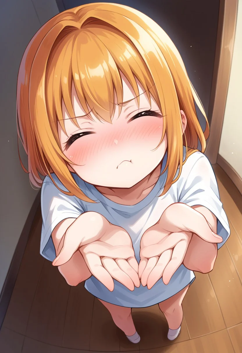 score_9, 1girl, dutch angle, from above, pout, closed eyes, nose blush, >_<, pijama, looking at viewer, cute, cupping hands, outstretched arms, solo, standing, own hands together, living room,
