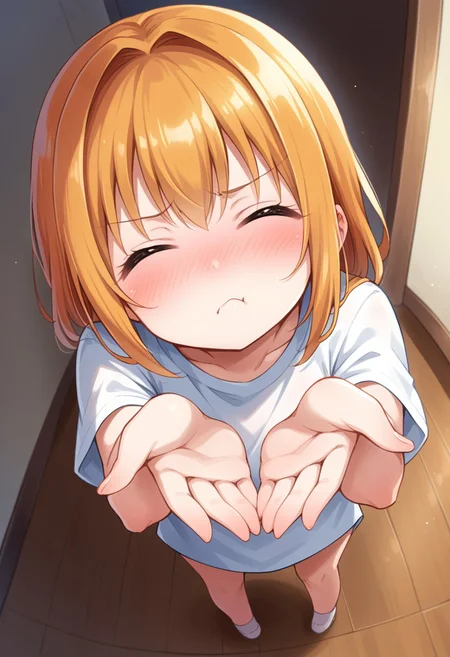 score_9, 1girl, dutch angle, from above, pout, closed eyes, nose blush, >_<, pijama, looking at viewer, cute, cupping hands, outstretched arms, solo, standing, own hands together, living room,