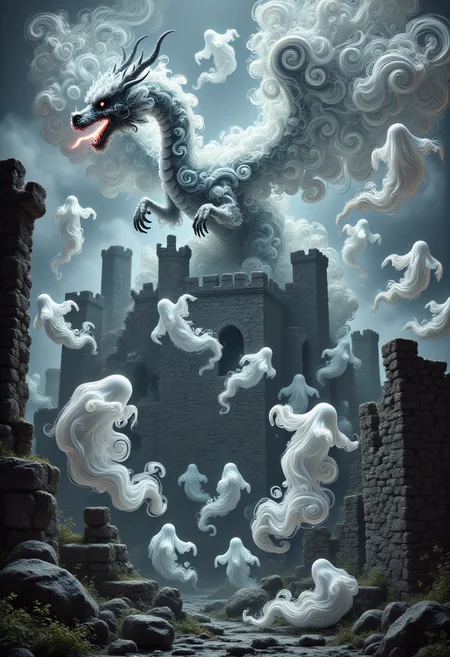 aidmafluxpro1.1,
A dragon made of ghosts is flying over the ruins of an ancient castle. The dragon is breathing fire in the sky. The scene is foggy and surreal with swirly ghosts flying around.
masterpiece, best quality