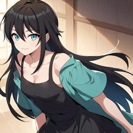 1girl, solo, rurin, long hair, black hair, aqua eyes, slit pupils, hair between eyes, bangs, collarbone, small breasts, cleavage, bare shoulders, dress, green jacket, short sleeves, black dress, black tank top, looking at viewer, hips, cowboy shot, smile,
score_9, score_8_up, score_7_up, masterpiece,
<lora:Rurin_r1:0.8>