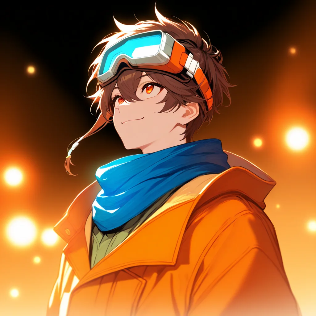 <lora:Sawyer_Tomura:1>,sawyer tomura,1boy,solo,goggles,goggles on head,male focus,smile,orange coat,looking up,upper body,closed mouth,blue scarf,scarf,blurry background,blurry,orange eyes,masterpiece,high score,great score,absurdres,