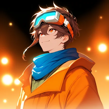 <lora:Sawyer_Tomura:1>,sawyer tomura,1boy,solo,goggles,goggles on head,male focus,smile,orange coat,looking up,upper body,closed mouth,blue scarf,scarf,blurry background,blurry,orange eyes,masterpiece,high score,great score,absurdres,