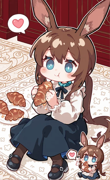 masterpiece, sharp detail, intricate detail, <lora:sowasowart_style:1> s0wasow4rt_illu, halftone, solo, amiya \(arknights\), alternate costume, long skirt, mary janes, pantyhose, long sleeves, puffy sleeves, (chibi:1.2), sitting, holding croissant , munching croissant, indoors, sitting on floor, white carpet, spoken heart, enjoying, blush, <lora:nineface-chibi-noob1-5:1>