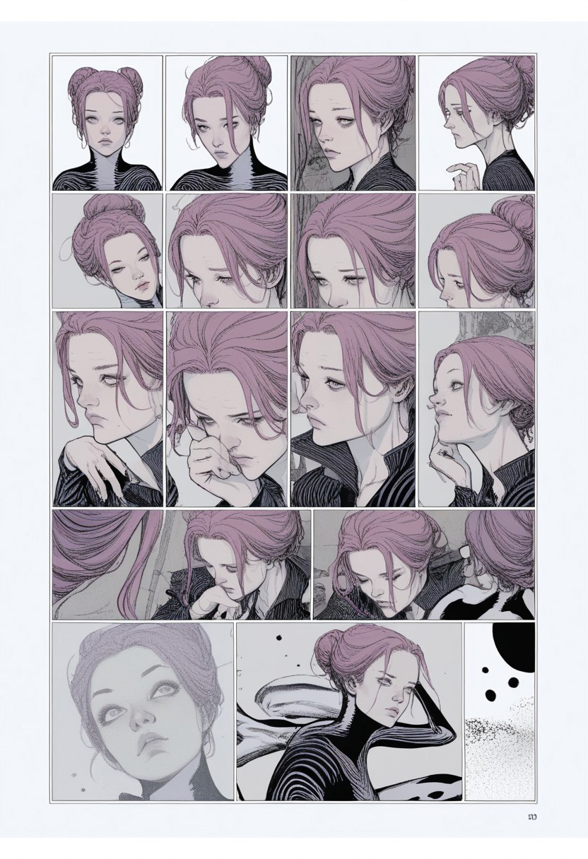 zPDXL3, karmen, comic, 1girl, purple hair, sitting, hair bun, limited palette