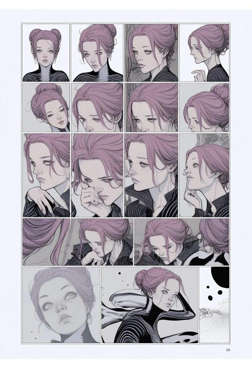 zPDXL3, karmen, comic, 1girl, purple hair, sitting, hair bun, limited palette