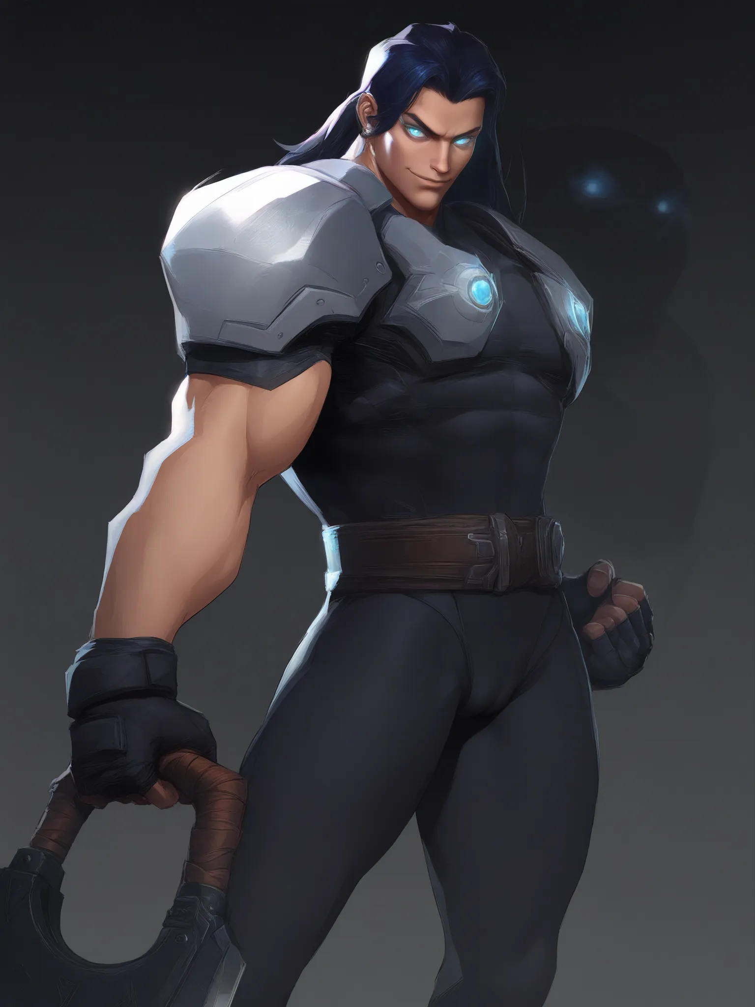 1girl, leotard, looking back at viewer, cameltoe, standing, masterpiece, best quality, high score, 
 <lora:Marvel_Rivals_Concept_Art_Style:1>,1boy, male focus, holding weapon, muscular male, glowing eyes, fingerless gloves, closed mouth, smile, black gloves, belt, jewelry, blue eyes, shoulder armor, clenched hand, manly