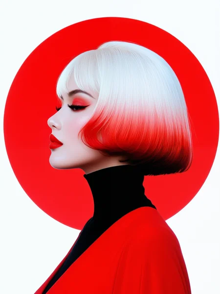 embedding:Stable_Yogis_PDXL_Positives2, facelistic, realism, plump lips, puckered lips, gradient hair, red sun, 1girl, circle, lips, lipstick, makeup, portrait, profile, red background, red lips, red sky, red theme, short hair, solo