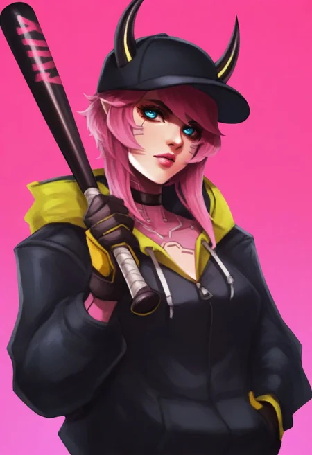 illustriousmonorirogue, masterpiece, best quality, highres, absurdres BREAK 1girl, solo, cyberpunk, baseball cap, baseball bat, holding baseball bat, black choker, choker, hoodie, gloves, horns, jacket, lipstick, makeup, pink background, pink hair, gradient, gradient background,  <lora:MonoriRogue_Style_-_Illustrious:1>
