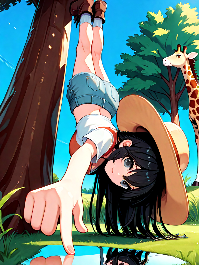 absurdres, explicit, one finger handstand, pointing down, hand on grass, reflection, 1girl, light smile, large breasts, black hair, crop top, denim shorts, wide hat, full body, from below, low pov, sky, socks, boots, grassland, grass, tree, giraffe,  <lora:onefingerhandstand_ilxl:1>