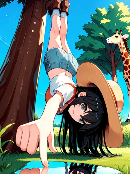 absurdres, explicit, one finger handstand, pointing down, hand on grass, reflection, 1girl, light smile, large breasts, black hair, crop top, denim shorts, wide hat, full body, from below, low pov, sky, socks, boots, grassland, grass, tree, giraffe, <lora:onefingerhandstand_ilxl:1>