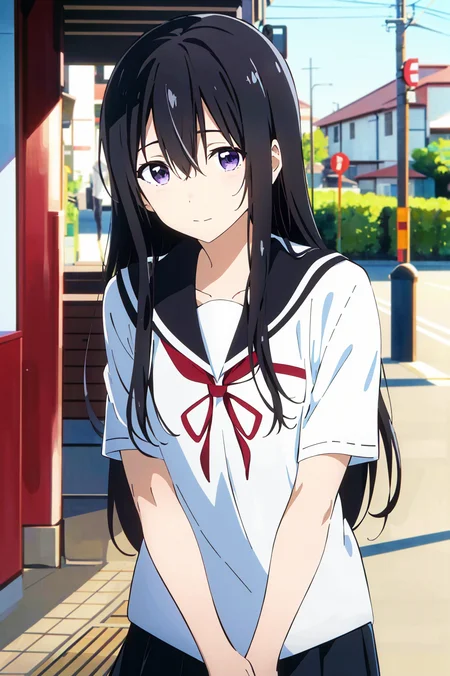 koe no katachi, 1girl, long hair, black hair, 1boy, school uniform, purple eyes, shirt, blurry, serafuku, sailor collar, letterboxed, outdoors, white shirt, closed mouth, kitauji high school uniform, looking at another, depth of field, bangs, day, collarbone, blurry background, white sailor collar, solo focus, ((masterpiece)) <lora:koe_no_katachi_offset:1>