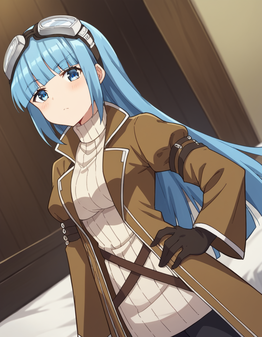 score_9, score_8_up, score_7_up, source_anime, <lora:bofuri-iz-s2-ponyxl-lora-nochekaiser:1>, iz, long hair, bangs, blue eyes, blue hair, blunt bangs,, gloves, long sleeves, dress, pantyhose, black gloves, sweater, coat, turtleneck, goggles, ribbed sweater, goggles on head, open coat, turtleneck sweater,, indoors, bed, bed room, on side, blush, drunk,, , looking at viewer, arm outstretched, hand on hip, knee up, solo,, cowboy shot, dutch angle
