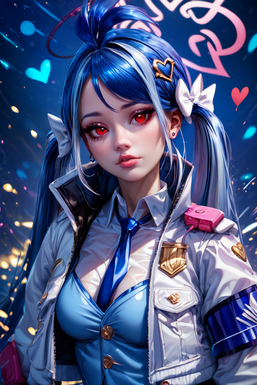 score_9, score_8_up, score_8, medium breasts, (curvy), cute, eyelashes,       ,,, , zzFubuki, red eyes, blue hair, long hair, twintails, streaked hair, halo, hair bow, grey hair white jacket, blue vest, blue skirt, white shirt, black pantyhose, heart hair ornament,  <lora:FubukiBluearchiveIXL:1.0>, BREAK,  (ultra realistic,32k, masterpiece:1.2),(high detailed skin:1.1),( high quality:1.1), head tilt, lips, closed mouth, shiny clothes, (upper body), looking at viewer, bokeh, luminescent background, ,,, embedding:zPDXL, Expressiveh, ,,, <lora:RlAnmPDXL:1.0>,