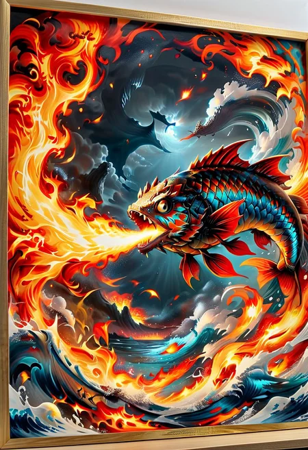 action photo, uhd (3d framed), intricate details, extremely detailed, masterpiece, masterpiece, mighty koifish (breathes fire:1.6), protects the pound,8k,F2.8, <lora:FireBreath:0.8>,<lora:The_Dark_Side_of_the_Earth:0.6>,
