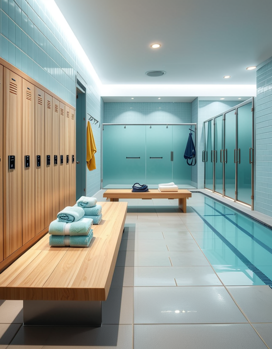 A realistic photograph of a modern swimming pool changing room, featuring clean, sleek design with white tiled walls and light blue accents. Rows of wooden benches with metal frames are neatly aligned in the center of the room. On the sides, there are individual lockers with glossy pastel-colored doors (light blue, mint green, and pale yellow), each with small number labels. Hooks are mounted on the walls, some holding neatly folded towels. The floor is made of non-slip gray tiles, slightly wet, reflecting the soft overhead LED lighting. The atmosphere is fresh and inviting, with a subtle fog from the pool area beyond a frosted glass door at the back. To the left side of the room, a large mirror spans the wall above a counter with built-in sinks, chrome faucets, and a few small bottles of hand soap. A subtle reflection of the interior is visible in the mirror. No people are present in the room. The lighting is bright but natural, as if itâs daytime with soft sunlight filtering through small high windows. The mood is calm, clean, and welcoming, captured with a high-resolution camera in photorealistic style. 
<lora:SDXLFaeTastic2400:0.4> <lora:extremely_detailed:0.4> extremely detailed,<lora:swimming_pool_ch4ng1ng_r00m:1>,swimming pool ch4ng1ng r00m, Masterpiece,best quality,hi res,8k,hi res,8k,award winning,(sharp focus, intricate, highly detailed),