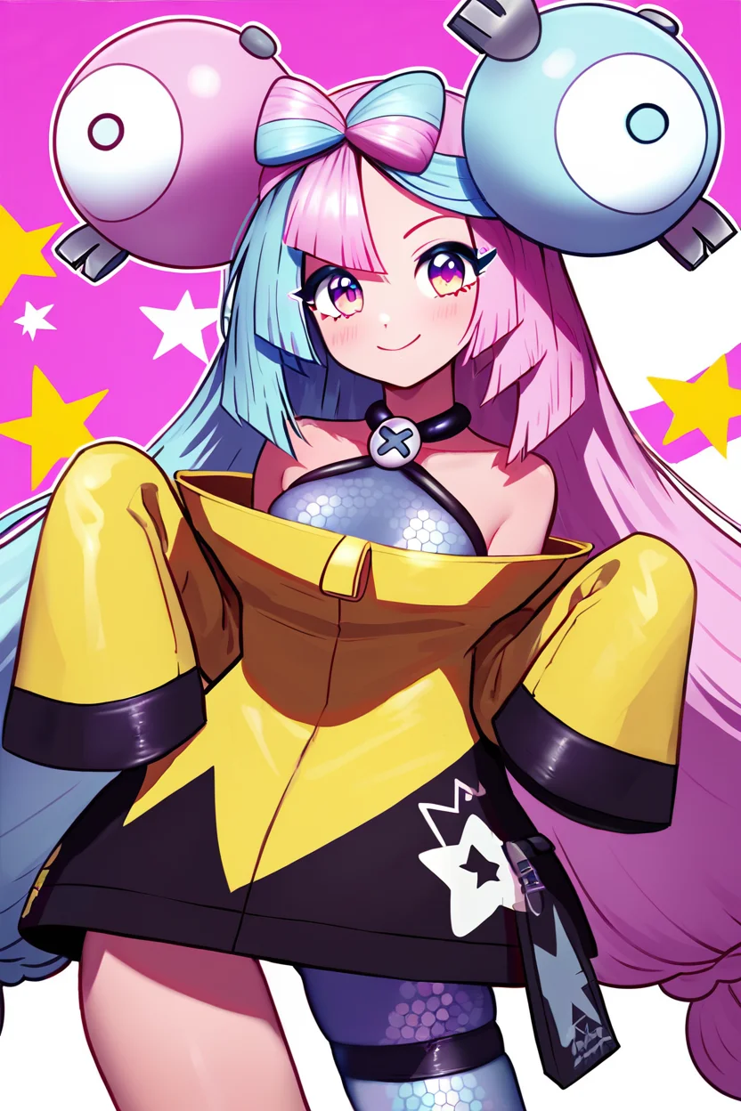 (ultra realistic, 32k, masterpiece:1.2), (high detailed skin:1.1), (high quality:1.1),score_9, score_8_up, score_8, medium breasts, cute, eyelashes, zzionopokemon, solo, 1girl, long hair, pink eyes, blue hair, pink hair, light blue hair, multicolored hair, bow-shaped hair, yellow jacket, sleeves past fingers, single leg pantyhose, thigh strap smile, looking at viewer, cowboy shot, <lora:Iono_Pokemon_P1:0.8>, <lora:BoldCAT_P3:0.8>,