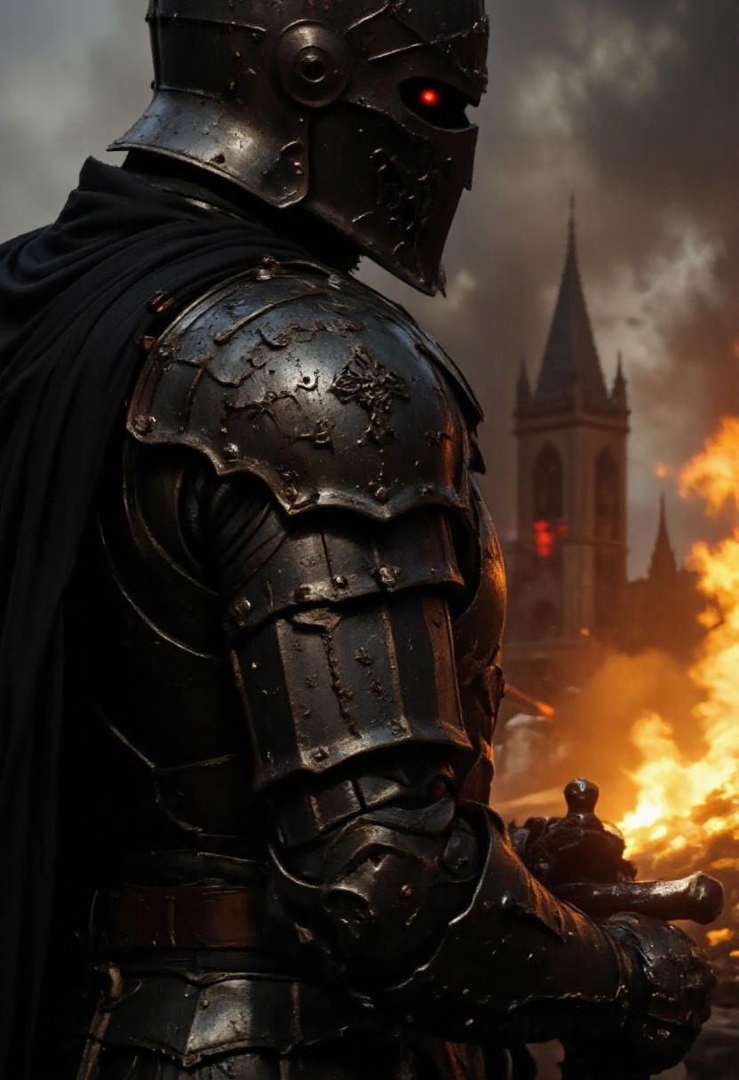 Close-up upper body view of a dark knight clad in complex, layered plate armor resembling overlapping scales. Each individual plate is crafted with sharp precision, some blackened by soot and fire, while others still gleam with tarnished silver beneath the scorched surface. The armor bears a mix of angular and curved forms, with small vents and ridges that catch the orange glow of firelight. Behind the knight, the blurred outline of a burning church rises through thick, swirling smoke — glowing flames casting a flickering, ghostly light across the scene. Red embers drift in the air. The knight’s helmet features a narrow visor slit from which two ominous red eyes burn, unblinking. His black, torn cape clings to the backplate, moving faintly in the heated air. The knight grips the massive, rune-etched sword across his armored chest. Cinematic lighting, glowing atmosphere, detailed fantasy armor, soot and ash textures, molten glow, holy vs. infernal theme, nistyle, d1g1cam, high-contrast digital photography.