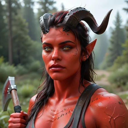 safe_pos, karlach black horns red skin tail muscular huge breasts 1girl solo freckles horns axe pointy ears blurry background looking at viewer black hair blurry portrait yellow eyes red skin long hair lips outdoors artist name demon girl colored skin score_9 score_8_up score_7_up action scene movie stil  hyperrealistic, realstic, 