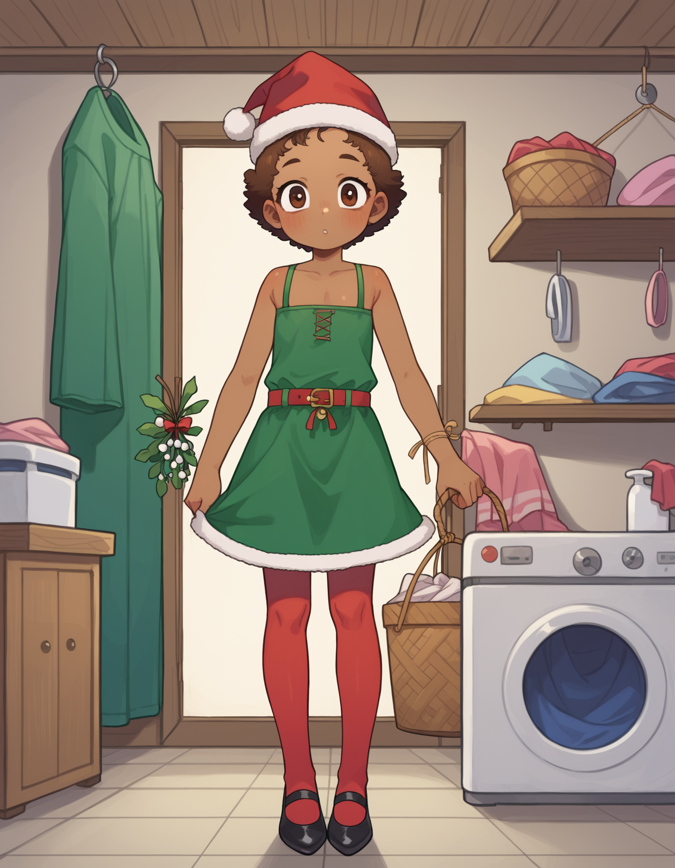 zPDXL, score_9, score_8_up, score_7_up, source_anime,
1girl, solo, (gorgeous young woman), african, dark skin, brown eyes, petite build, short hazel  hair,  wearing Green sequined dress with red belt, red stockings, black ankle strap heels, jingle bells christmas hat, carrying a sprig of mistletoe, set in Laundry Room, Functional area with a washer and dryer, laundry baskets for sorting clothes, shelves stocked with detergent and fabric softener, a folding table, and a hanging rod for air-drying clothes ,  <lora:PossumMachine_v2:0.8> possmach, little girl, child, flat chest