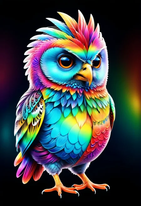 a cute chibby chicken mixed with a owl with big rainbow eyes made out of rainbow fractangles, it wears a cool rainbow bandana, very detailed, 4k, sharp