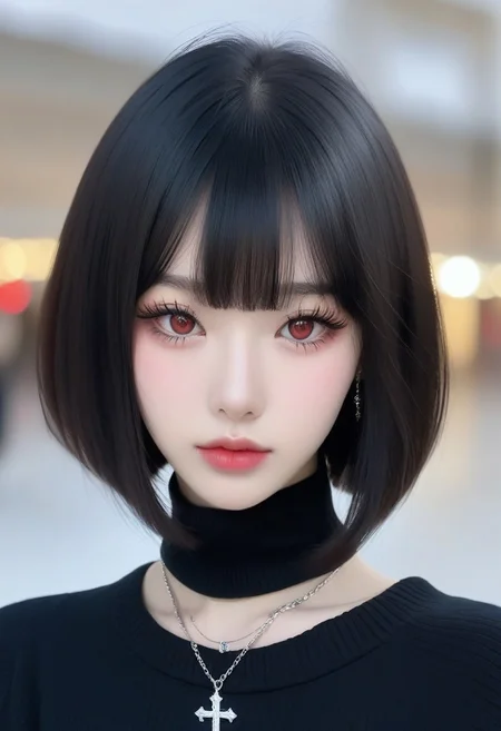 krgrl, korean girl, cute korean girl, korean makeup, korean eyes, realistic, 1girl, solo, short hair, black hair, jewelry, looking at viewer, necklace, cross, portrait, bangs, red eyes, closed mouth, turtleneck, blurry background, cross necklace, lips, piercing, blurry, bob cut, eyelashes