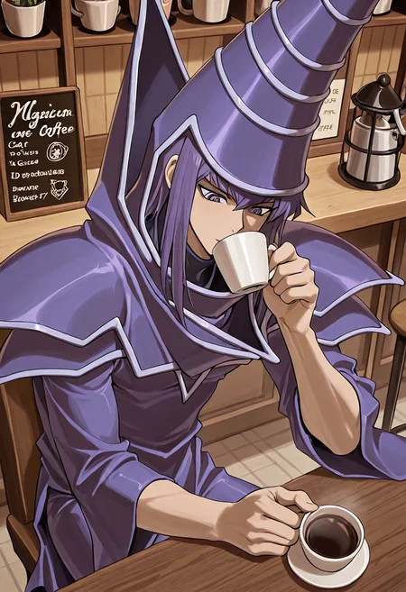 score_9,score_8_up,score_7_up,<lora:darkmagician_dataset_01_v11>,dkmgcn,1boy,solo,purple hair,purple eyes,netural expression,magician robe,duel_monsters,sitting down,drinking coffee,cafe background,<lora:[Suzuki Mirano] Yabai! Fukushuu Yami Site 1 Hentai Anime Style Illustrious_1514067:0.7>,yabai!fukushuuyamisiteep.1il,