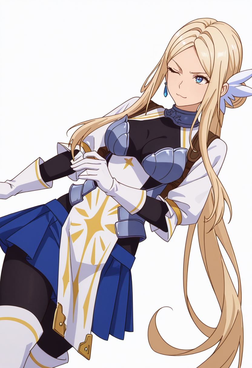 Smooth Quality,masterpiece,very intricate, high quality details, ultra realistic, high detailed skin,detailed enviorement,absurdres,
simple background, white background, dancing, solo,dynamic angle,
 <lora:Krishna_CNR:0.8> krishna_cnr, 1girl,blonde hair,very long hair,single hair bun, sidelocks, parted bangs, blue eyes, breasts,white hair ornament, earrings,armor, breastplate, armored dress, blue skirt, pleated skirt,white gloves, black pantyhose,white thigh boots,, scowl,, ;3,
