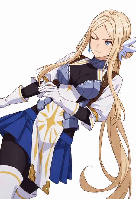 Smooth Quality,masterpiece,very intricate, high quality details, ultra realistic, high detailed skin,detailed enviorement,absurdres,
simple background, white background, dancing, solo,dynamic angle,
<lora:Krishna_CNR:0.8> krishna_cnr, 1girl,blonde hair,very long hair,single hair bun, sidelocks, parted bangs, blue eyes, breasts,white hair ornament, earrings,armor, breastplate, armored dress, blue skirt, pleated skirt,white gloves, black pantyhose,white thigh boots,, scowl,, ;3,
