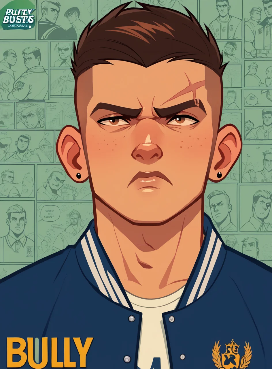 score_9, score_8_up, score_7_up, bullypxl, comic wallpaper, <lora:bullypxl:0.7>, best quality, 2d, 1boy, buzzcut, frown, blue letterman jacket, school logo, scar on eyebrow