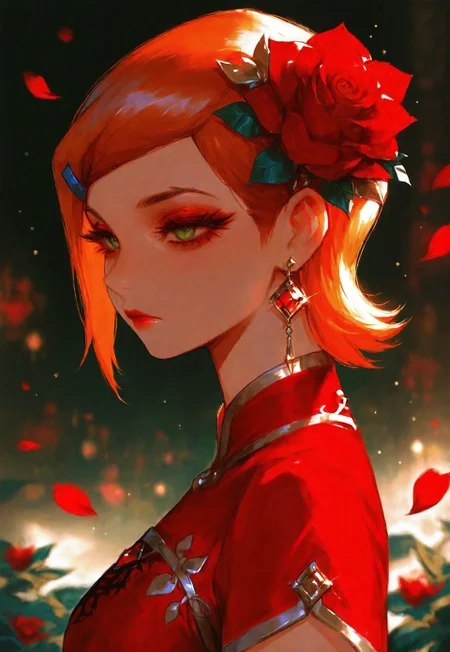 masterpiece, best quality, good quality, very aesthetic, absurdres, newest, 1girl, solo, gwen tennyson (/Ben10)/,(ultra HD quality details), bright orange hair, short hair, (green eyes), dress, closed mouth, jewelry, upper body, flower, earrings, artist name, hair flower, blurry, from side, eyelashes, sparkle, petals, blurry background, makeup, depth of field, expressionless, rose, chinese clothes, red dress, portrait, red flower, gem, lipstick, china dress, light particles, eyeshadow, red rose, glint, red lips, falling petals, red theme, red eyeshadow, red gemstone, long eyelashes