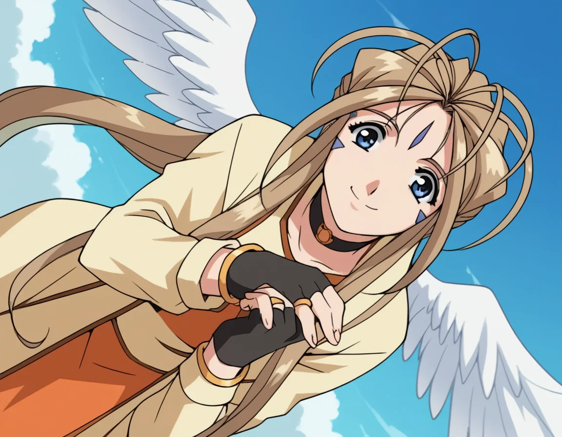 score_9, score_8_up, score_7_up, source_anime,
belldandy, <lora:belldandy-s2-ponyxl-lora-nochekaiser:1>,
belldandy, long hair, blue eyes, brown hair, facial mark, forehead mark,
gloves, wings, choker, fingerless gloves, bracelet, ring, feathers, angel wings,
sky, blue sky, clouds, bent over, smile,
cowboy shot, solo, dutch angle, looking at viewer,