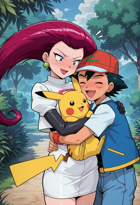 amazing quality,very aesthetic,absurdres,best quality,newest,masterpiece,4k resolution, absurdres, highres, detailed background,
<lora:jessiev2:0.8> 1girl, jessie (pokemon),1boy, ash ketchum, pikachu, hug, laughing at another, embarrassed, blush,