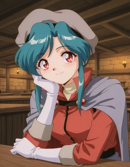 <lora:diana-minerva-illustrious-000004:1> 1girl, solo, mnkda, uniform, red shirt, cape, beret, tavern, smile, masterpiece, best quality
