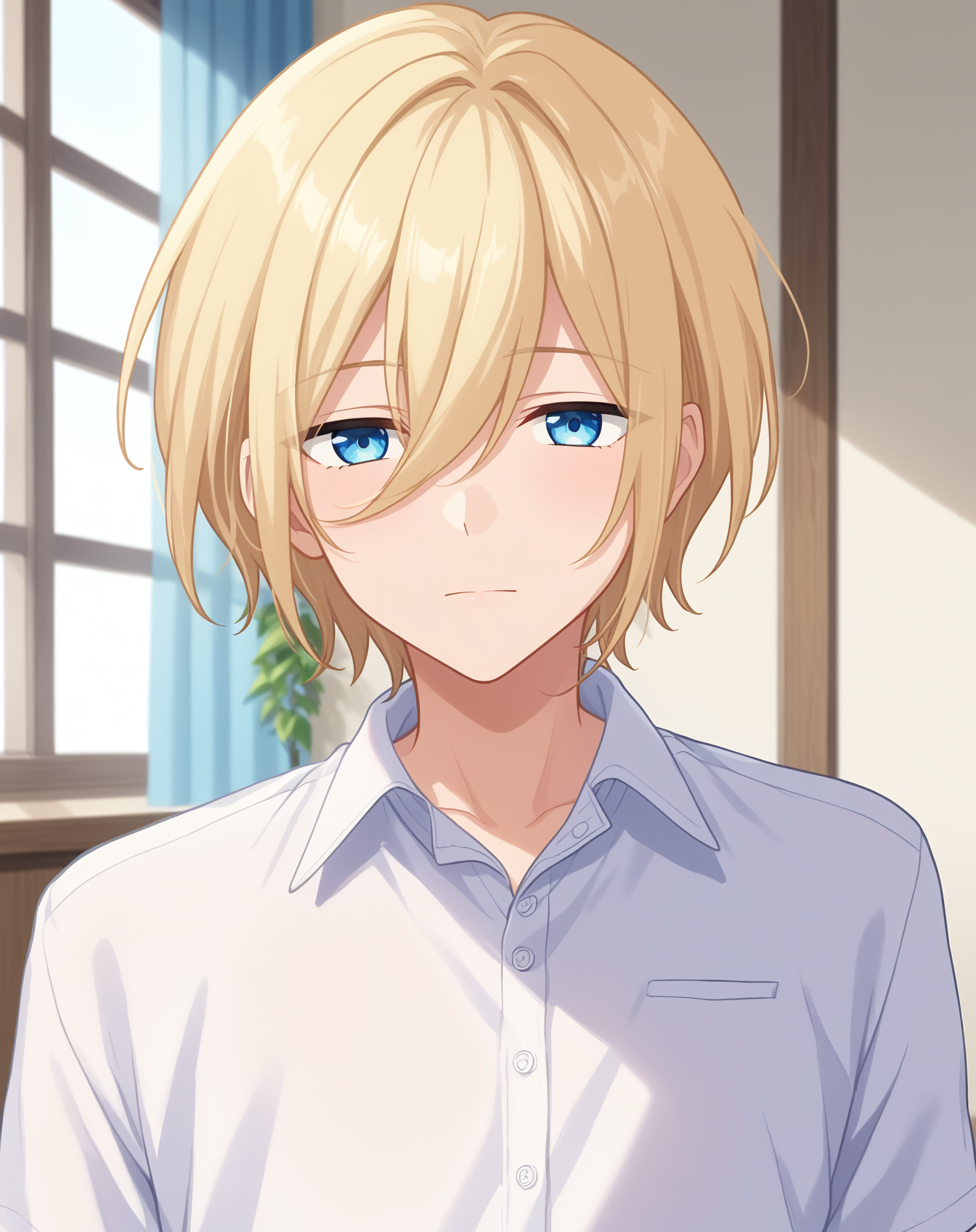 score_9, score_8_up, score_7_up, source_anime, anime screencap, depth of field, rating_safe, BREAK,
1boy, solo, yaoi, male focus, looking at viewer, cowboy shot, facing viewer, expressionless,
 <lora:tenshouin_eichi_pony:1> tenshouin_eichi_pony, blonde hair, blue eyes, medium hair, hair between eyes, bangs, 
white shirt, collared shirt,
indoors,