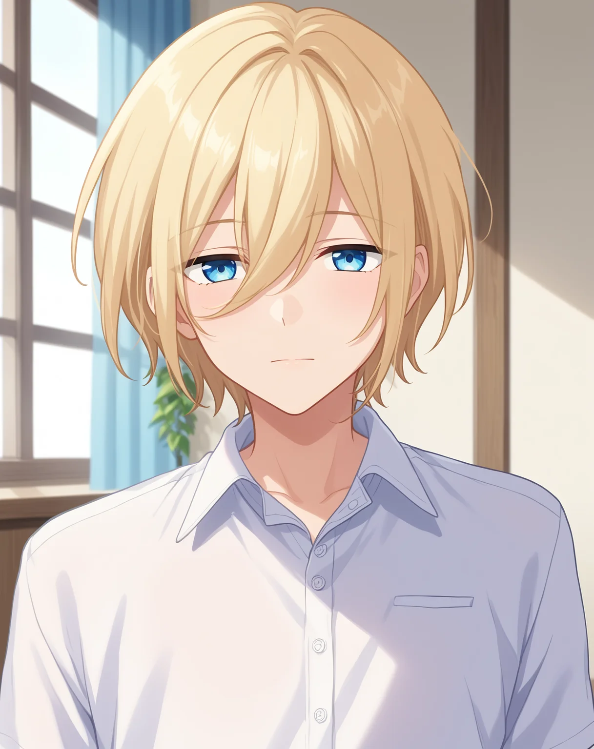 score_9, score_8_up, score_7_up, source_anime, anime screencap, depth of field, rating_safe, BREAK,
1boy, solo, yaoi, male focus, looking at viewer, cowboy shot, facing viewer, expressionless,
<lora:tenshouin_eichi_pony:1> tenshouin_eichi_pony, blonde hair, blue eyes, medium hair, hair between eyes, bangs,
white shirt, collared shirt,
indoors,