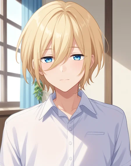 score_9, score_8_up, score_7_up, source_anime, anime screencap, depth of field, rating_safe, BREAK,
1boy, solo, yaoi, male focus, looking at viewer, cowboy shot, facing viewer, expressionless,
<lora:tenshouin_eichi_pony:1> tenshouin_eichi_pony, blonde hair, blue eyes, medium hair, hair between eyes, bangs,
white shirt, collared shirt,
indoors,