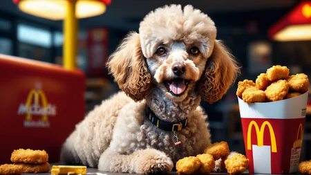 photorealistic poodle dog that is eating chicken nuggets at mcdonalds. hyperdetailed photorealism, 108 megapixels, amazing depth, glowing rich colors, powerful imagery, 3d finalrender, 3d shading, cinematic lighting, artstation concept art