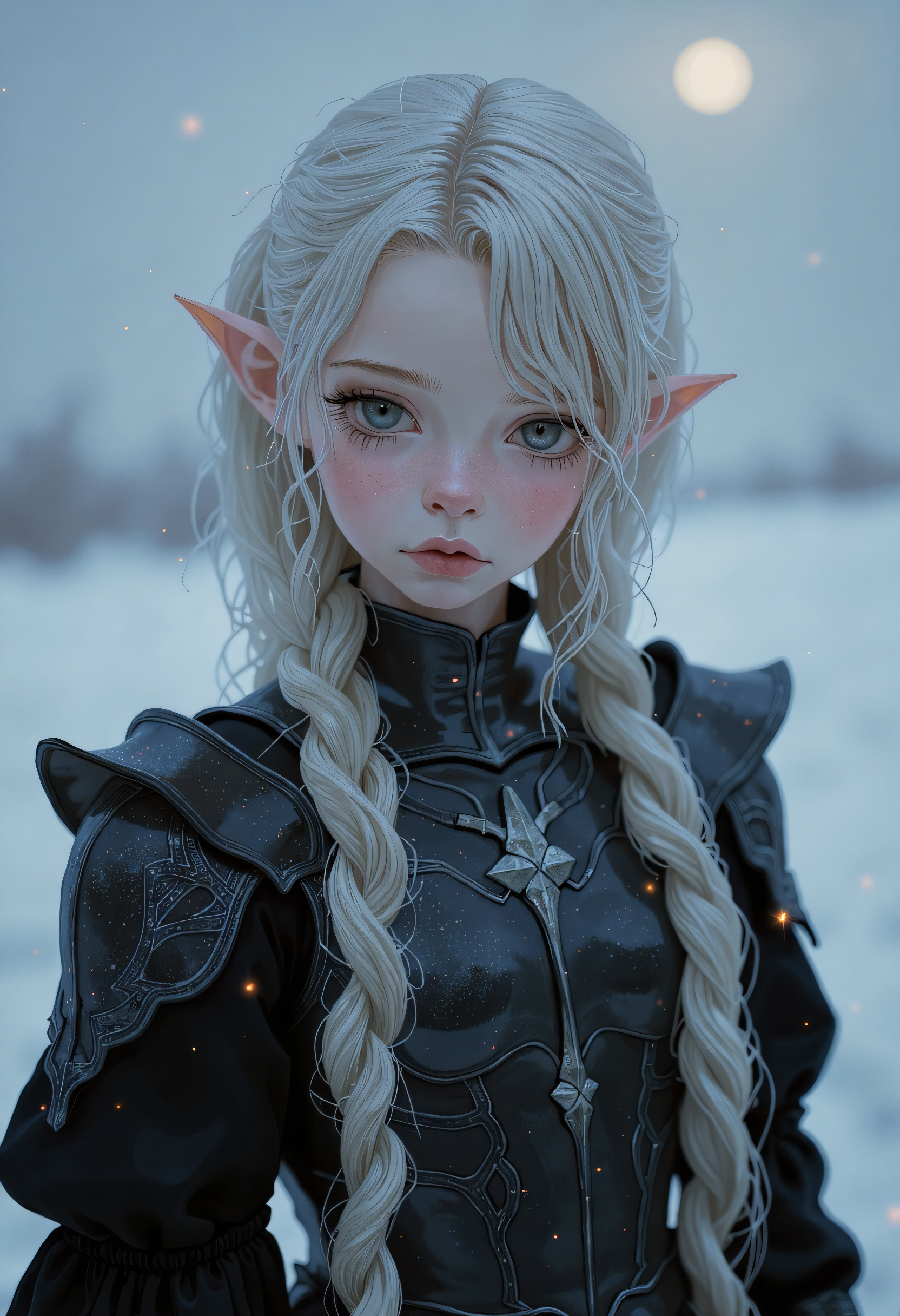 SWMS,Full body potrait, hyperrealistic detail, Rendered in a fusion of photorealism and digital surrealism, Beautiful surreal high fantasy portrait, A Female warrior with dark, ashen skin and long, long silver-white hair, intricate braids, black Armor and clothes, facing the viewer stands amidst snowflakes, ethereal and otherworldly presence, with sharp, elf-like ears and adorned in elaborate, dark armor with detailed engravings and metallic patterns. Her expression is somber and introspective as she sits quietly, her eyes are silver, in a cold and desolate landscape under a dim, moonlit sky. Her armor is very detailed with decorations, giving her an air of nobility, Real sharp photo, snowing, snowflakes in the air, blurred background, rose gold minerals, shiny aura, highly detailed, Kirnan Shipka, Januz Miralles, Hikari Shimoda, glowing stardust by W. Zelme. The overall effect is breathtaking and truly captivating, shimmering skin that glows like the night sky, long, hair adorned with tiny, glowing stars, deep, cosmic eyes, ethereal hues, mysterious and enchanting expression, dreamlike and mystical atmosphere, RAW candid cinema, 16mm, color graded portra 400 film, remarkable color, ultra realistic, textured skin, remarkable detailed pupils, realistic dull skin noise, visible skin detail, skin fuzz, dry skin, shot with cinematic camera, detailed skin texture, (blush:0.2), (goosebumps:0.3), subsurface scattering, detailed drawing   <lora:FLUX - SWMSF - Styles for FLUX ( detailed drawing, swms ):1> <lora:FLUX - Surreal_Photo (Glitter):0.6>