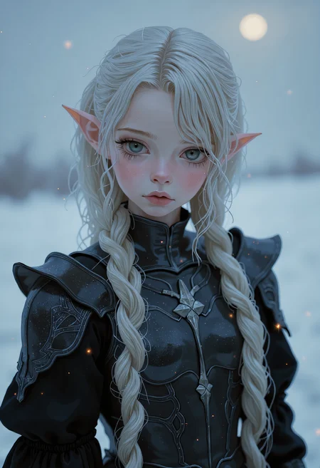 SWMS,Full body potrait, hyperrealistic detail, Rendered in a fusion of photorealism and digital surrealism, Beautiful surreal high fantasy portrait, A Female warrior with dark, ashen skin and long, long silver-white hair, intricate braids, black Armor and clothes, facing the viewer stands amidst snowflakes, ethereal and otherworldly presence, with sharp, elf-like ears and adorned in elaborate, dark armor with detailed engravings and metallic patterns. Her expression is somber and introspective as she sits quietly, her eyes are silver, in a cold and desolate landscape under a dim, moonlit sky. Her armor is very detailed with decorations, giving her an air of nobility, Real sharp photo, snowing, snowflakes in the air, blurred background, rose gold minerals, shiny aura, highly detailed, Kirnan Shipka, Januz Miralles, Hikari Shimoda, glowing stardust by W. Zelme. The overall effect is breathtaking and truly captivating, shimmering skin that glows like the night sky, long, hair adorned with tiny, glowing stars, deep, cosmic eyes, ethereal hues, mysterious and enchanting expression, dreamlike and mystical atmosphere, RAW candid cinema, 16mm, color graded portra 400 film, remarkable color, ultra realistic, textured skin, remarkable detailed pupils, realistic dull skin noise, visible skin detail, skin fuzz, dry skin, shot with cinematic camera, detailed skin texture, (blush:0.2), (goosebumps:0.3), subsurface scattering, detailed drawing <lora:FLUX - SWMSF - Styles for FLUX ( detailed drawing, swms ):1> <lora:FLUX - Surreal_Photo (Glitter):0.6>