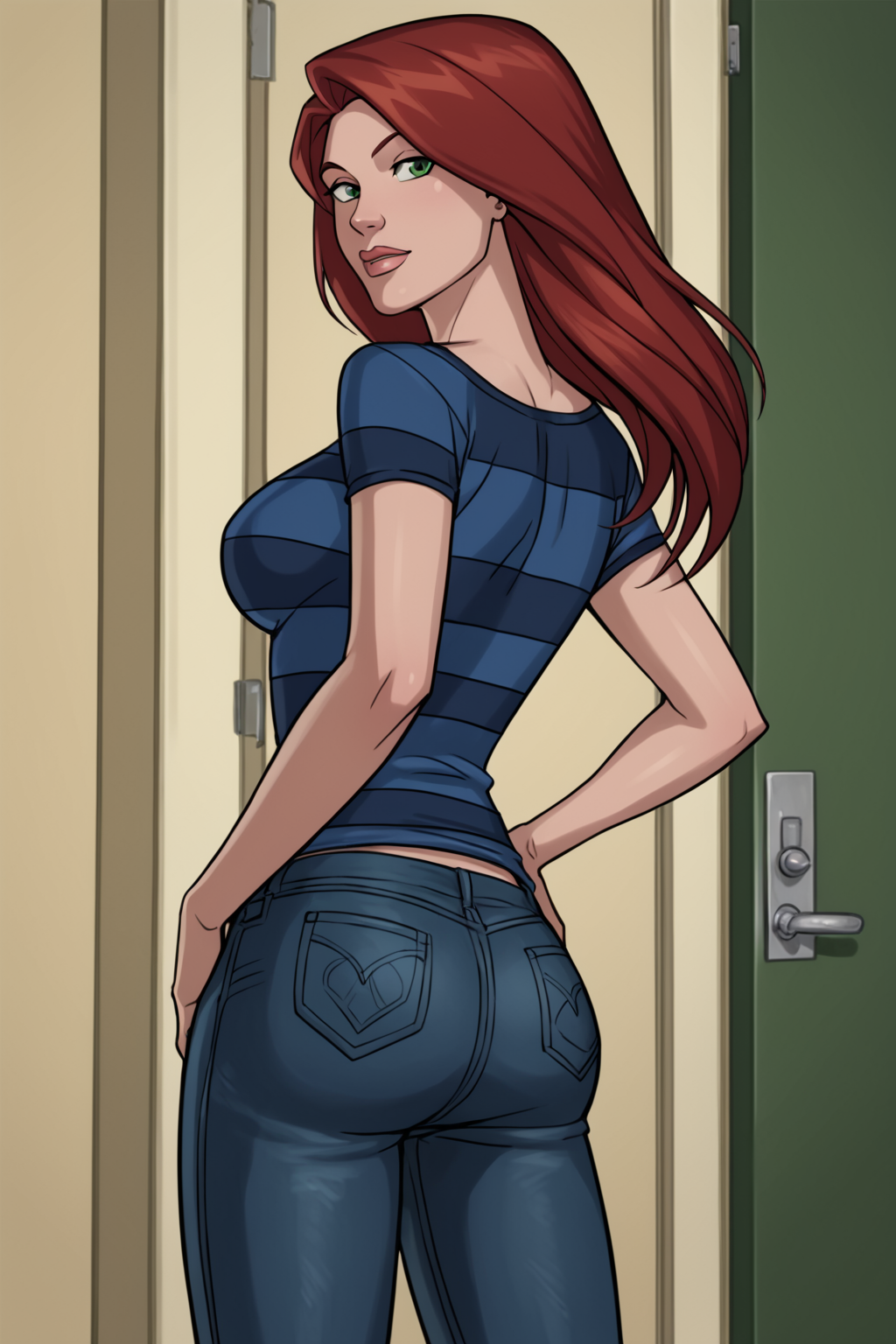 PonyXLV6_Scores BREAK (((parody)),  perfect anatomy, perfect eyes, cowboy shot, from behind), <lora:add_details_xl:0.8> BREAK <lora:Spider-Woman_-_Ultimate_Spider-Man:0.8> mary jane watson, long hair, red hair, green eyes, raised eyebrow, flirting, sultry eyes, ((looking back at viewer)), striped shirt, short sleeves, jeans, large breasts, curvy, toned, athletic, sexually suggestive pose, arched back, hands on hip, indoors