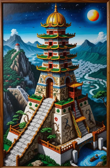 (epic:1.2), trending on artstation, (high quality:1.2), (masterpiece:1.2), high details, incredibly absurdres, colorful), (Huichol Art:1.33), (Magical Realism:1.33), (tile:1.27), (wood Burning:1.29), (high_angle:1.31) ,, (location:(observatory:1.14)),(color scheme:(vignetting:1.27)), (object:Board Game Pieces, (mahjong:1.13) ( split depth:1.25) (Quantum mechanics:1.13))