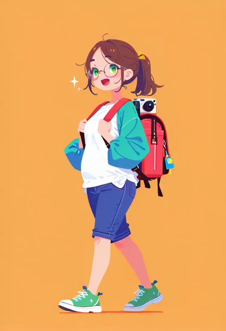 Masterpiece, high quality, ultra-detail, 8K resolution, sharp focus, 2d, (flat color, no lineart, Flatline, Flat vector illustration),
1cute girl, chubby girl, happy, glasses, green eyes, dark brown hair, no bangs, ponytail, with a backpack, turist, walking, camera, Japanese Suburbs