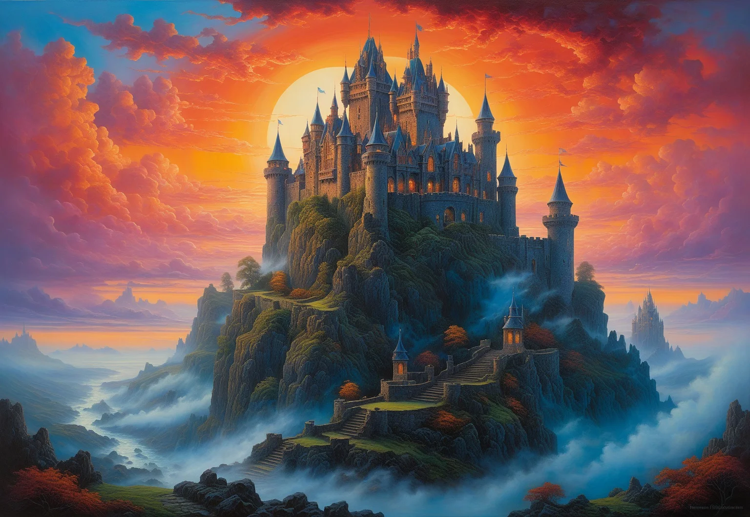 Expressioniam, Oil Painting, Surrealism, Dramatic, Incredibly Detailed Accurate Portrait Of a majestic dreamscape castle shrouded in mist, set against a vibrant gradient sunset backdrop, with intricate stonework and ornate details, evoking the fantastical worlds of fantasy concept art.