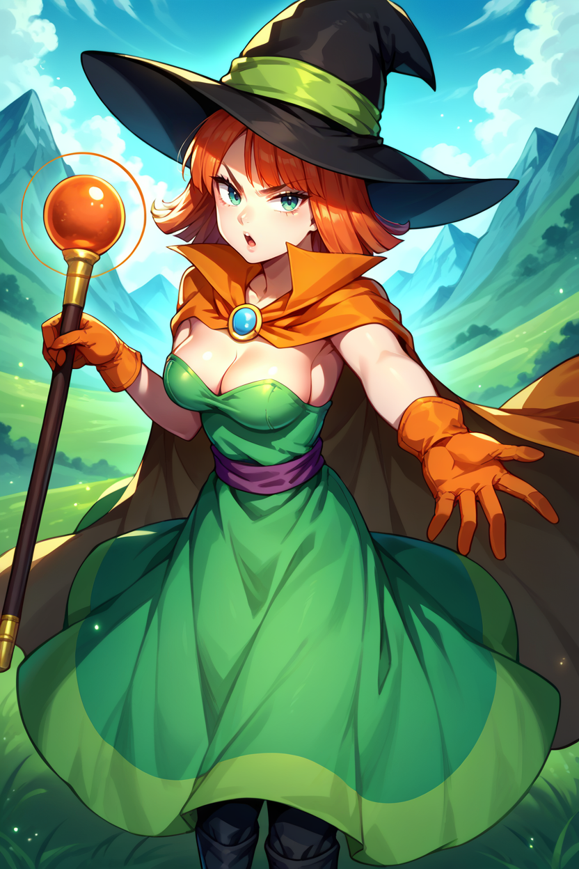 score_9, score_8_up, score_7_up, score_6_up, source_anime, BREAK 1girl, solo, <lora:dq3mage-pdxl-nvwls-v1-000005:1> dq3mage, orange hair, short hair, witch hat, orange cape, green dress, strapless, sash, orange gloves, black boots, cleavage, medium breasts, outstretched hand, casting magic, holding staff, staff, serious, open mouth, blue sky, field, mountains