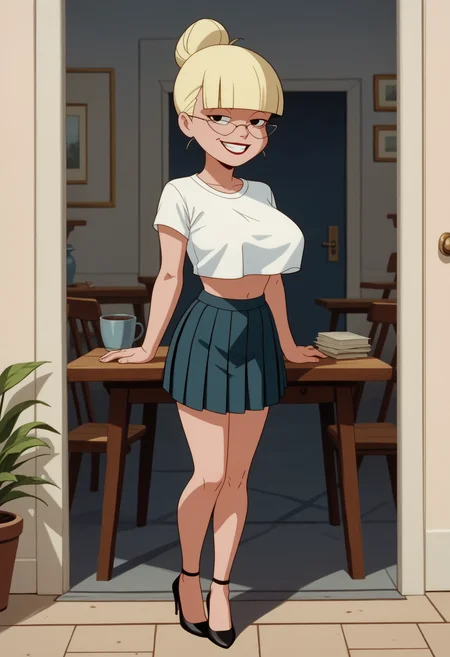 score_9, score_8_up, score_7_up, score_6_up, score_5_up,  1girl, solo, full body,
<lora:Mary Dahl Mature - Baby Doll (Batman the Animated Series - BTAS):1> 
Mary_Dahl_Mature, (chibi:0.5), (very short, short), glasses, black eyes, half-closed eyes, blonde hair, (single hair bun), blunt bangs,
crop top, miniskirt, pleated skirt, high heels, standing, grin,
large breasts, <lora:nagatiti:0.9> nagatiti,
<lora:Expressive_H:0.6> Expressiveh
<lora:add-detail-xl:0.9>
<lora:light:0.9> neolight