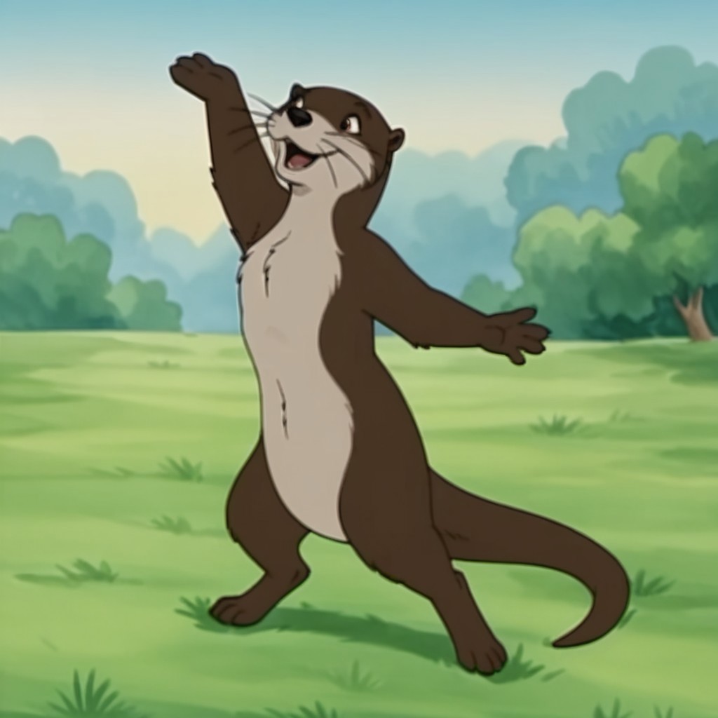 score_9, score_8_up, score_7_up, score_6_up, score_5_up, score_4_up, source_furry, otterfrnkln, semi-anthro, female, otter, brown fur, whiskers, outside, dancing, in a field